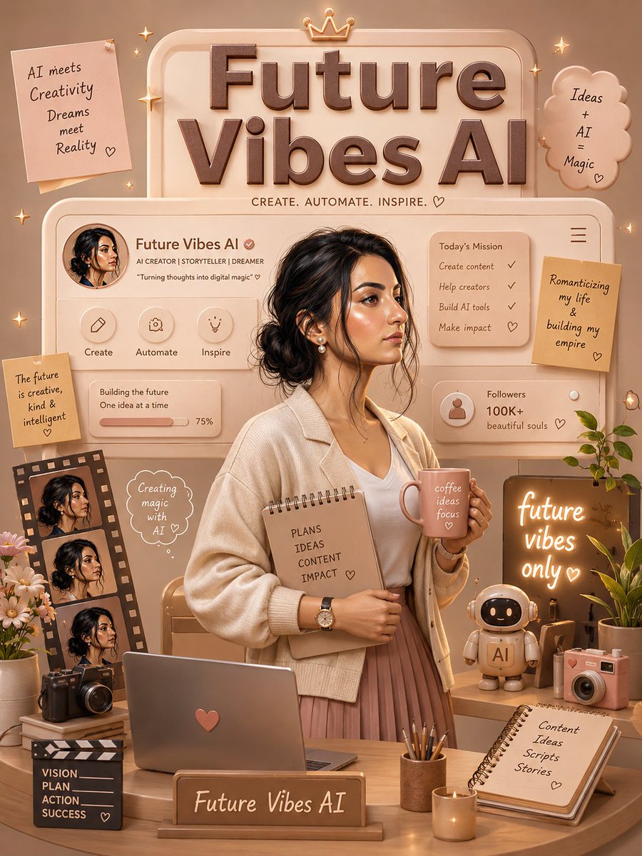 A confident creator stands in a cozy AI workspace bathed in golden light
