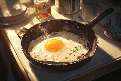 Sunlit Anime Kitchen Scene with Steaming Freshly Cooked Dish