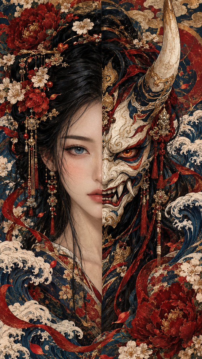 Elegant Woman and Oni Mask Split Perfectly in Symmetrical Fantasy Portrait