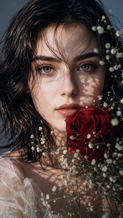 A young woman holds a red rose in soft side lighting