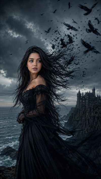 A melancholic woman's hair transforms into ravens on a stormy cliff