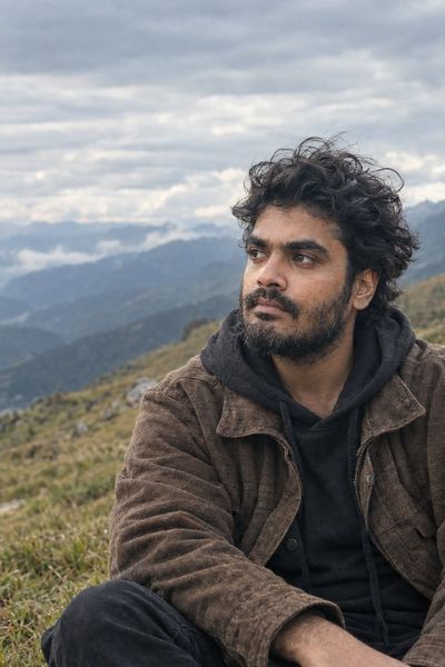 Rugged man sits on grassy hillside as wind moves through his hair