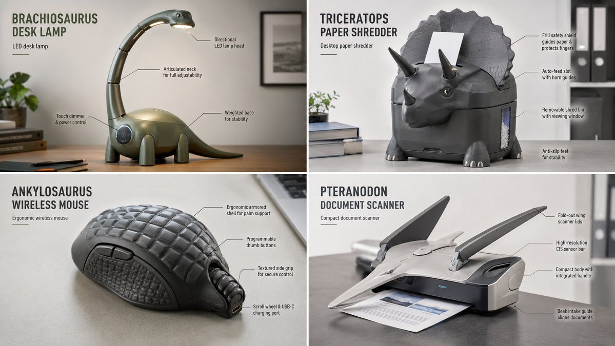 A triceratops-inspired stapler uses three horns to bind papers
