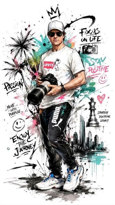 Tom Cruise poses with a camera amid vibrant graffiti art