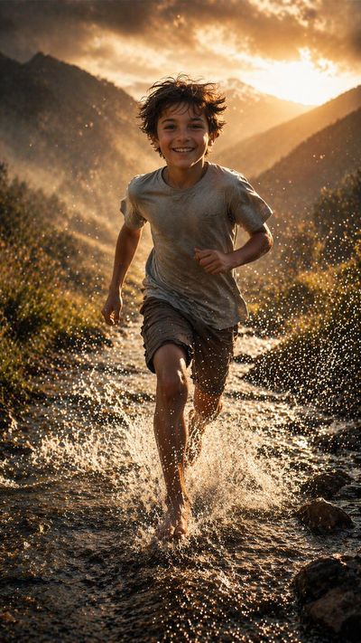 Golden Hour Chase: Barefoot Run Through Mountain Stream