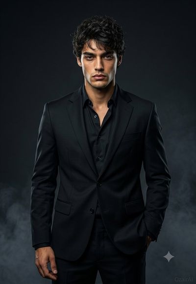 A fearless model in a tailored black suit commands the camera