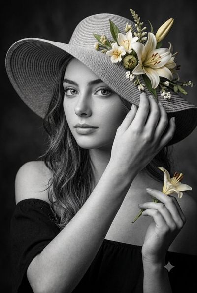A serene woman in a straw hat holds a lily in black and white