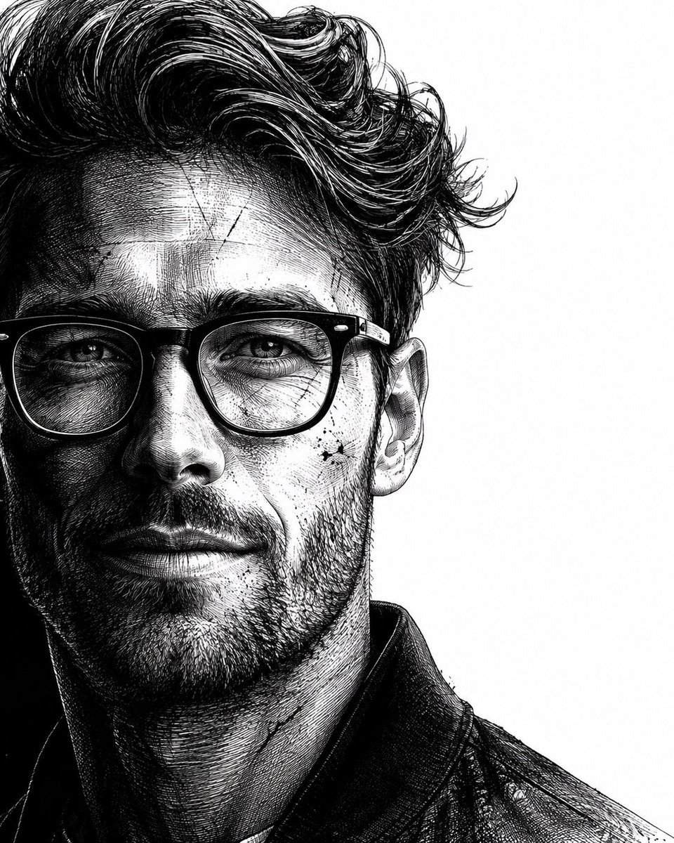Intense gaze emerges from ink shadows in neo-noir portrait