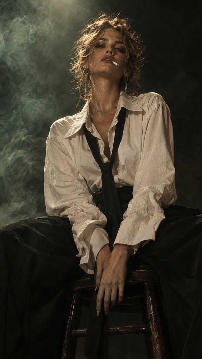 Smoldering Woman with Cigarette Sits on Stool in Smoky Cabaret Noir