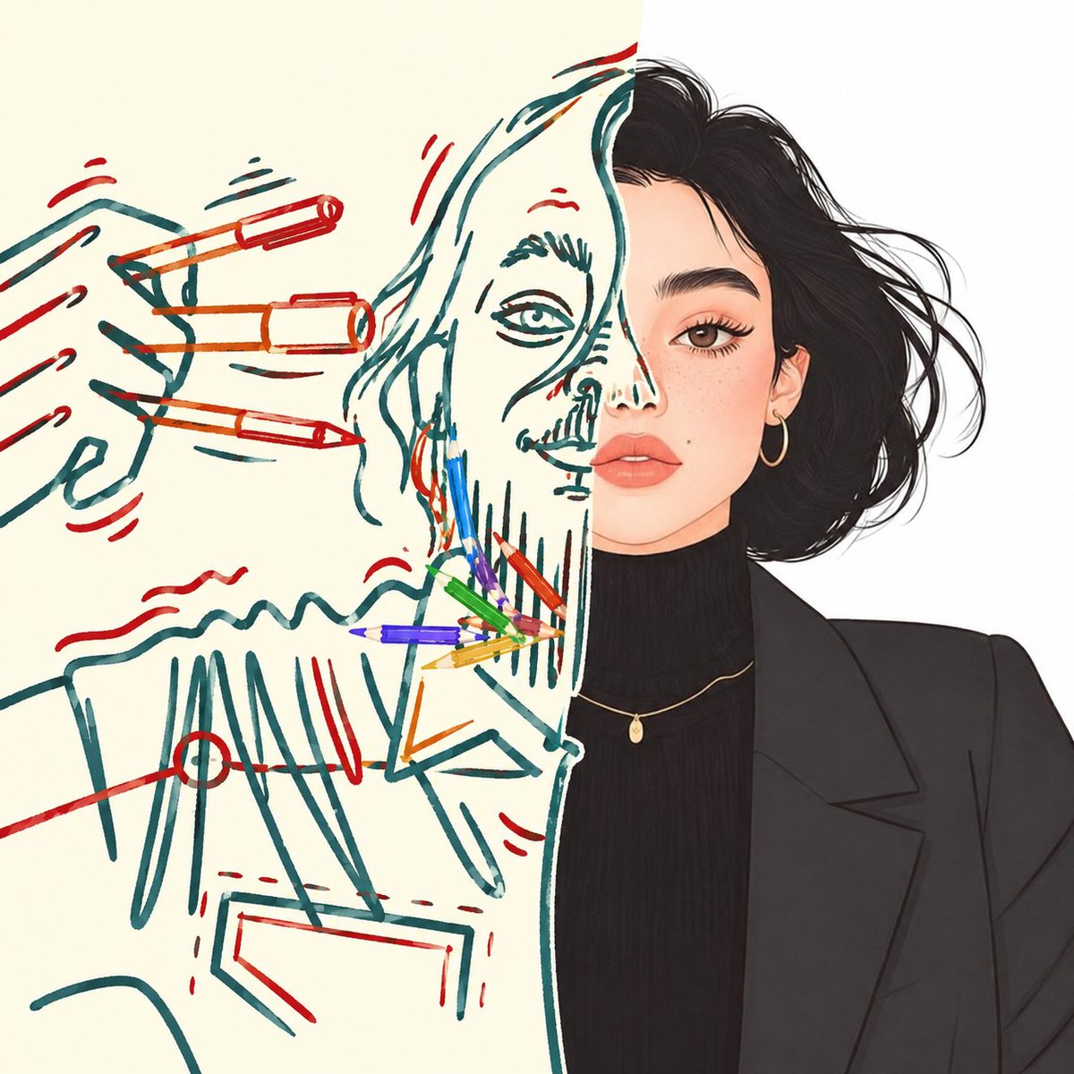 Realistic portrait meets vibrant crayon sketch in split composition