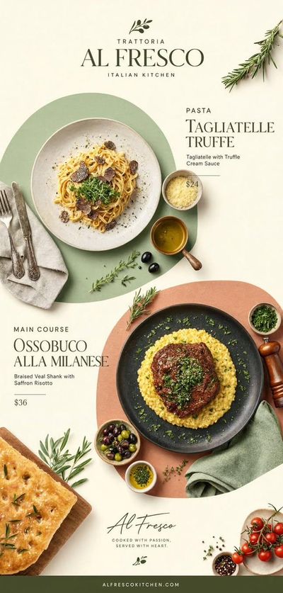 Tagliatelle and ossobuco sit elegantly in a pastel Italian poster.