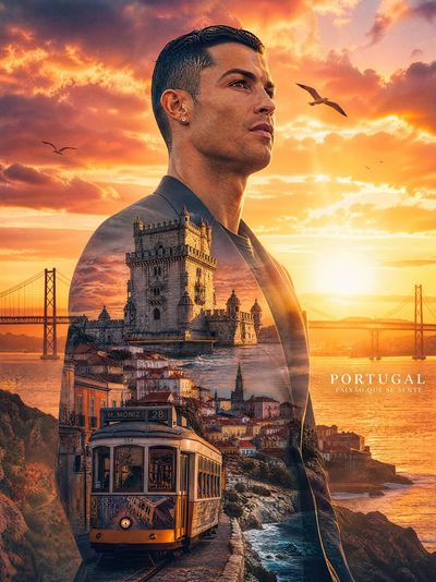 Cristiano Ronaldo merges with Lisbon's golden hour skyline in double exposure
