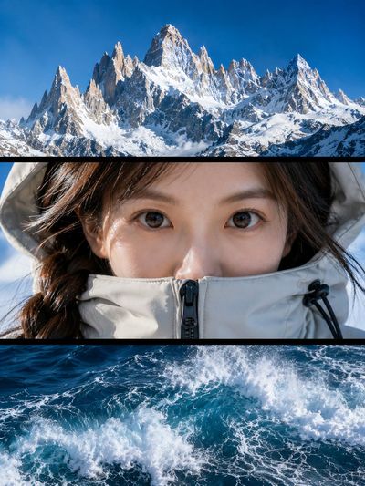 Snow peaks frame a face as ocean waves crash below