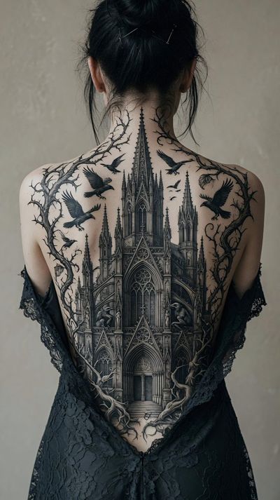 Gothic Majesty: The Inked Back of a Woman