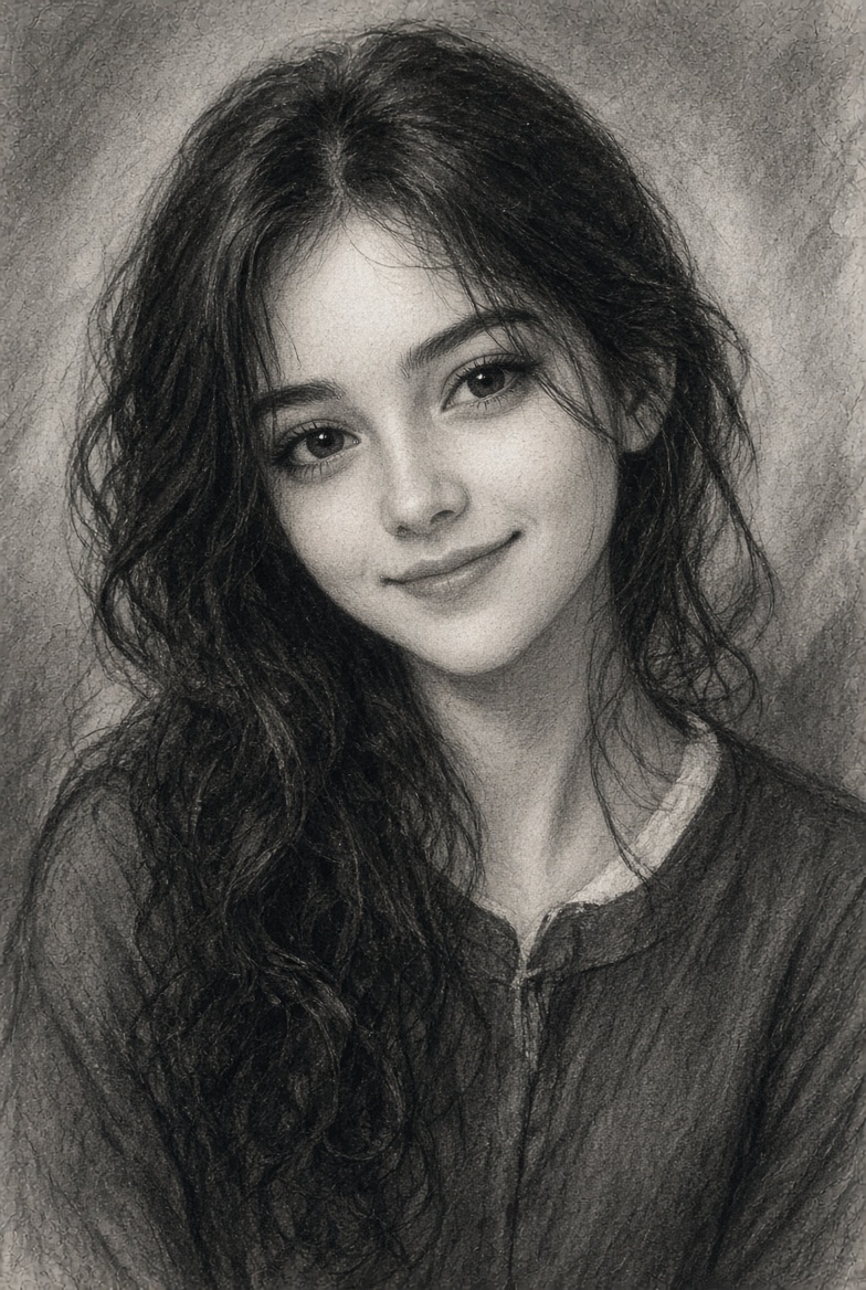 Charcoal Portrait of a Smiling Young Woman with Dark Wavy Hair