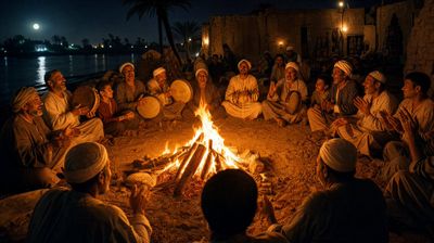 Egyptian farmers celebrate Eid al-Adha around a blazing bonfire