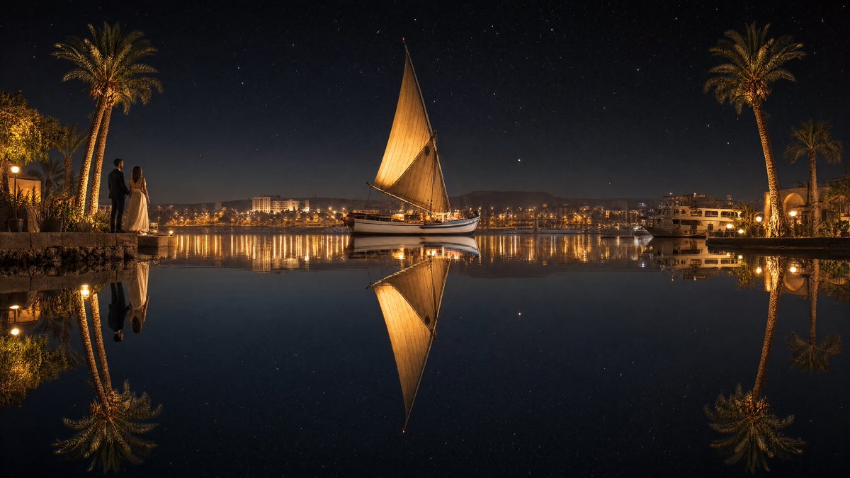 Elegant couple reflected with glowing felucca sails under starry sky
