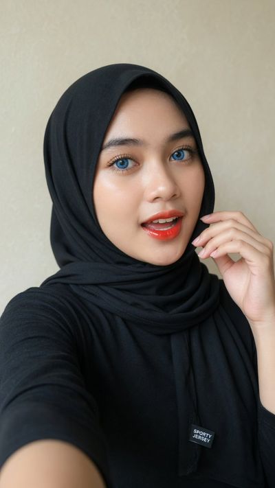 Southeast Asian woman in black hijab touches her chin playfully