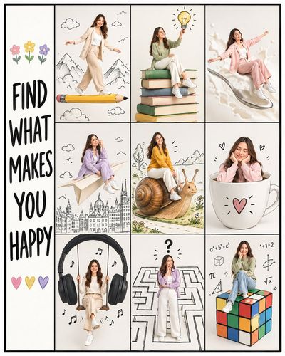Cheerful Woman Explores Nine Whimsical Scenes in Creative Collage