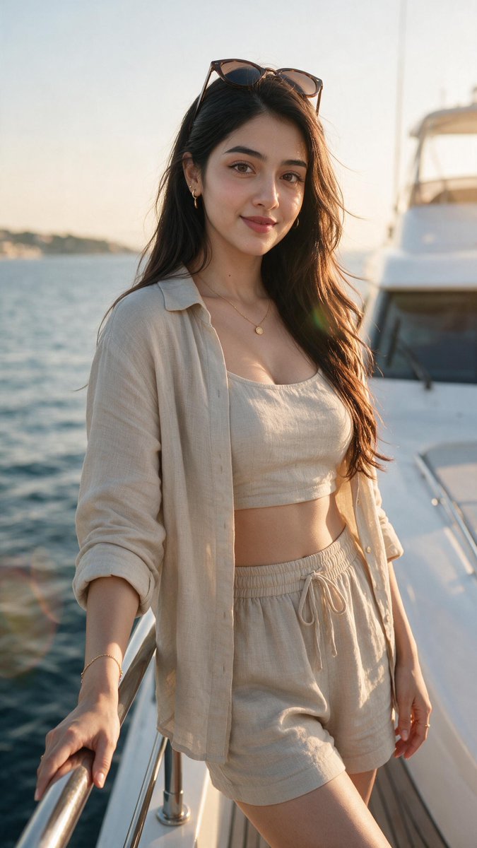 Golden hour glow on a luxury yacht as gentle wind lifts her hair