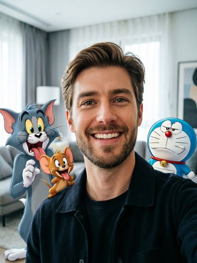 Realistic Selfie with Expressive 3D Cartoon Characters in Modern Living Room