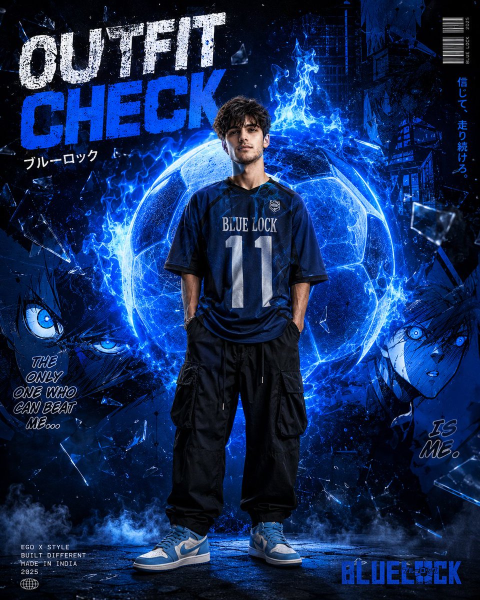 Indian man in oversized blue jersey stands with glowing football aura