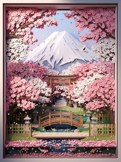 Romantic Layers of Paper: Cherry Blossoms and Mount Fuji