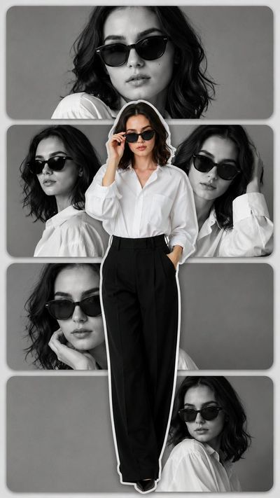 A stylish young woman poses confidently in a monochrome collage