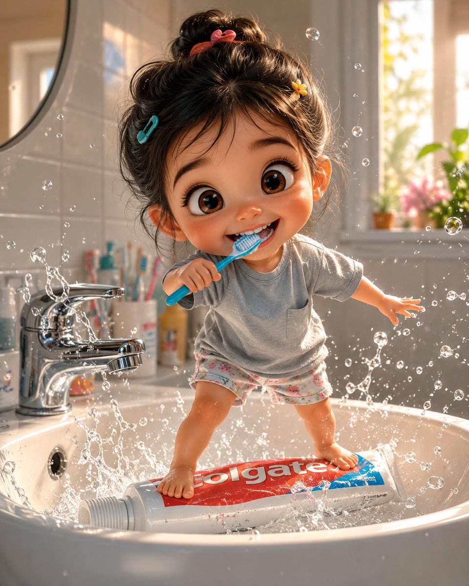 Toddler balances on toothpaste tube while brushing teeth in sink