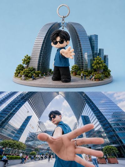 Chibi keychain figure reaches out from tiny city platform