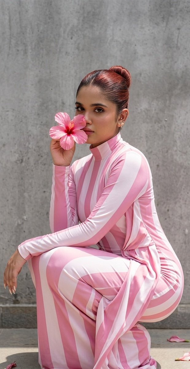 Woman in striped dress holds pink hibiscus near face