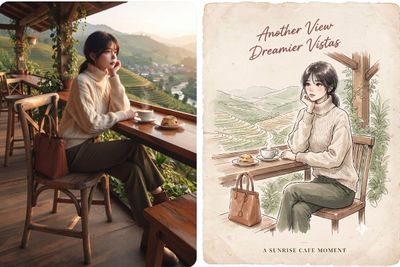 Split-Scene Sunrise Cafe: Photo and Watercolor Dream Vistas