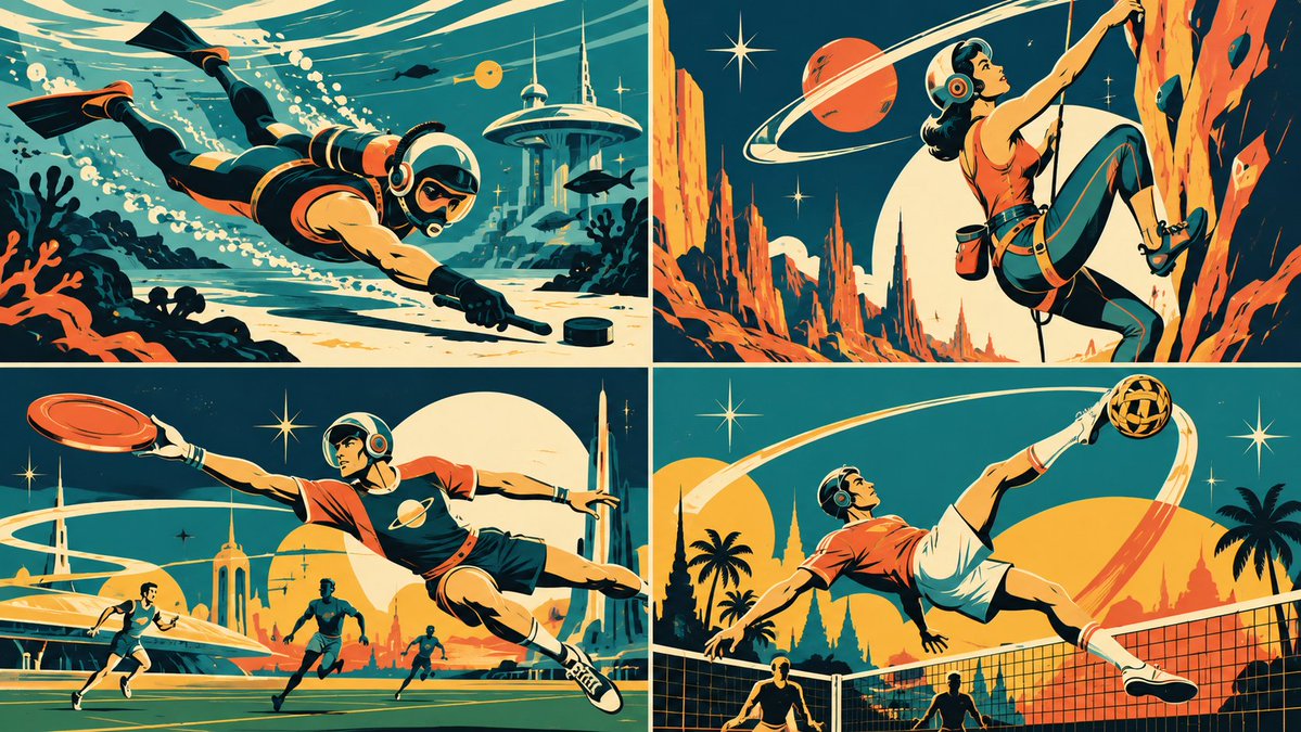 Four Underrated Sports Reimagined in Atomic Age Flat Vector Style