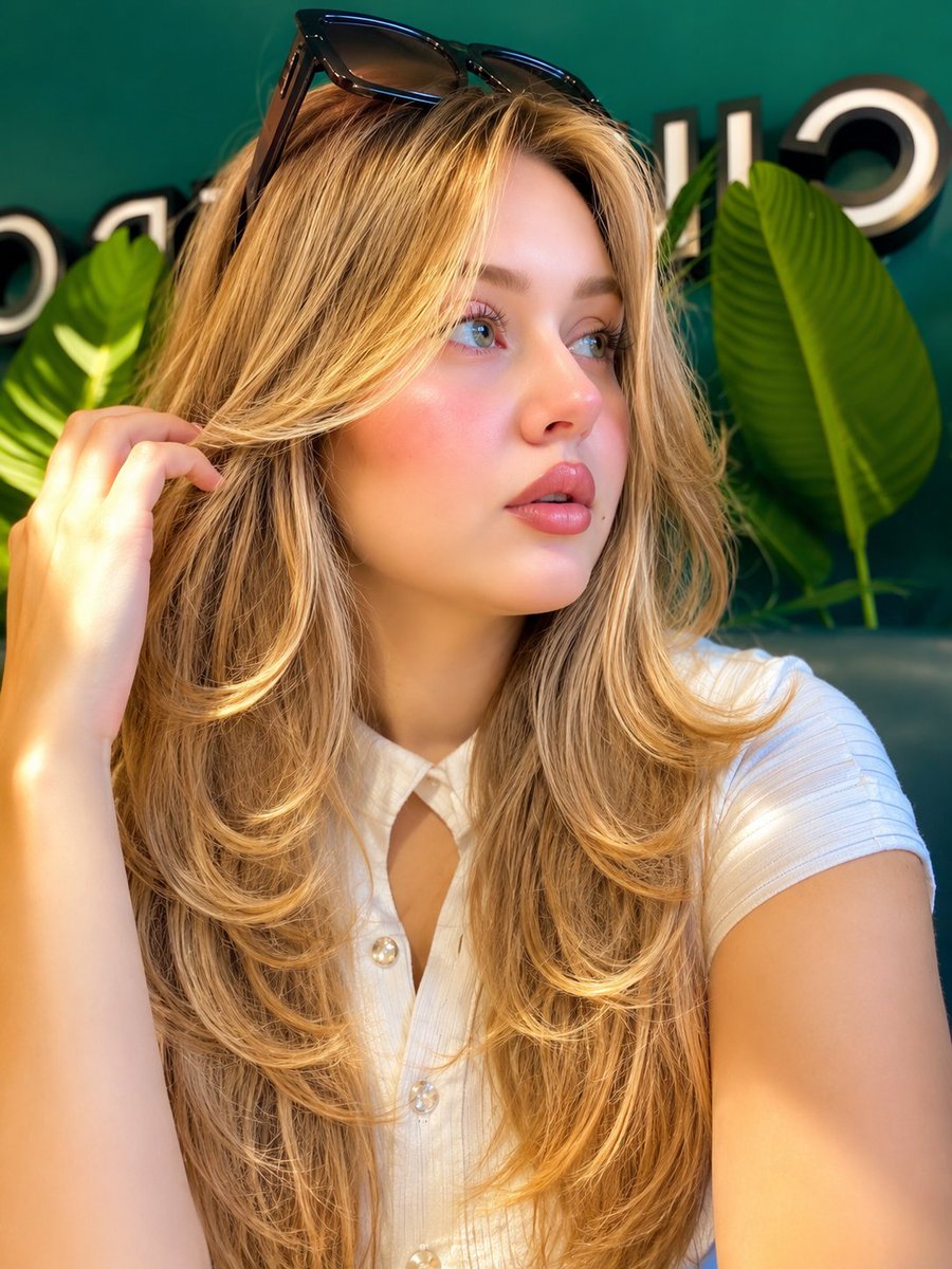 A blonde woman tucks her hair in a golden-lit café.