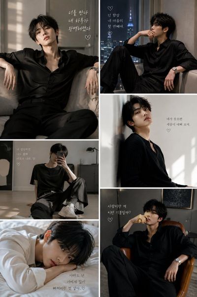Six cinematic frames capture a Korean model in warm minimal light.