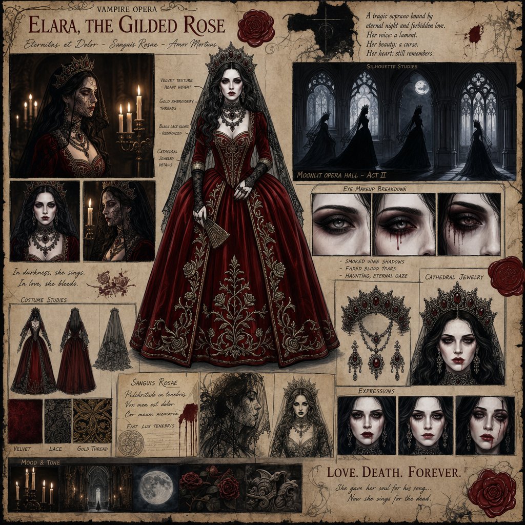 Pale vampire heroine wears blood-red velvet beneath a lace veil