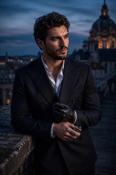 A modern aristocrat adjusts a glove atop a historic palace at twilight.