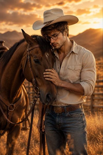 A rugged cowboy bonds with his horse during golden hour on a ranch.