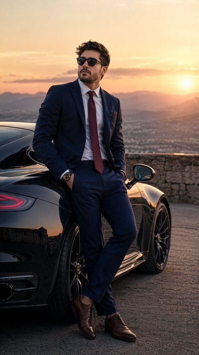 Sunset Elegance: Young Visionary with Luxury Sports Car