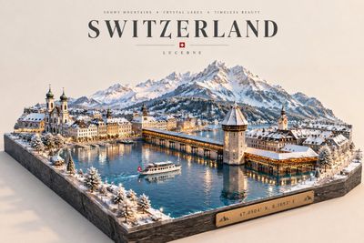 Luxury 3D miniature city diorama on dark stone base with warm lighting