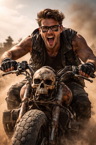 Fierce Post-Apocalyptic Rider in Dusty Desert Rush