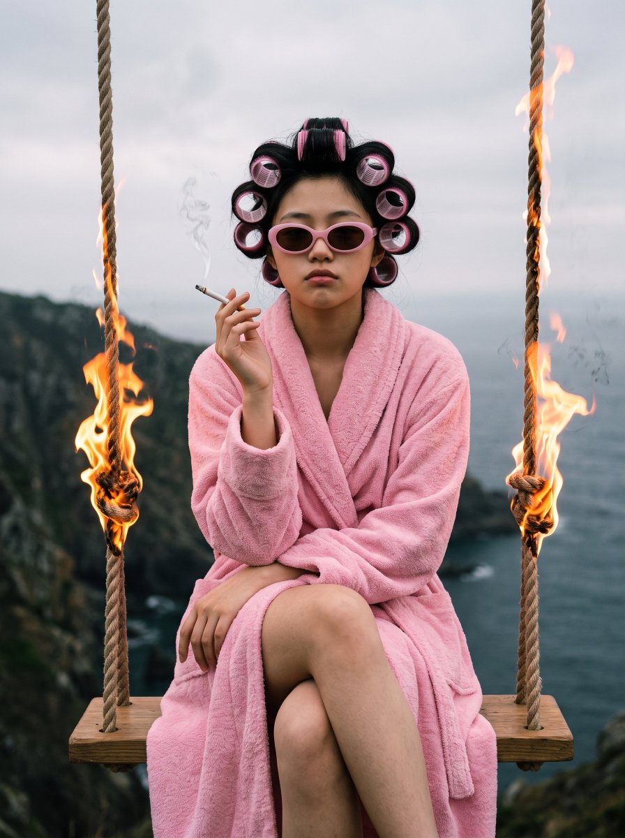 Woman in bathrobe sits on flaming swing above ocean
