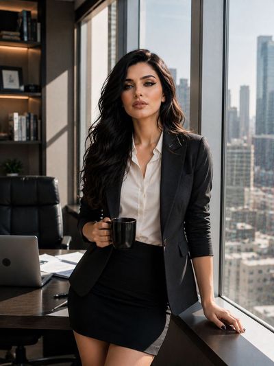 A professional woman in beige blazer holds coffee by office window