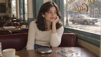 Candid 90s Cafe Moment: Young Woman Lost in Music and Thought