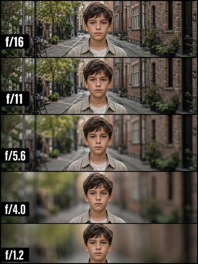 Young boy's portrait varies across five aperture settings from f/16 to f/1.2