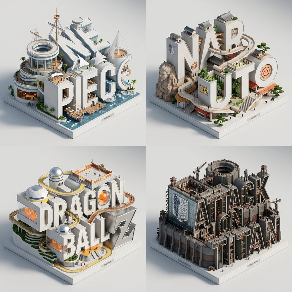 Monumental manga letters rise as pristine architectural dioramas in white