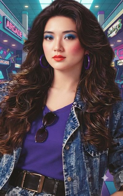 Neon-Lit Arcade Portrait Captures 80s Glam with Teased Hair