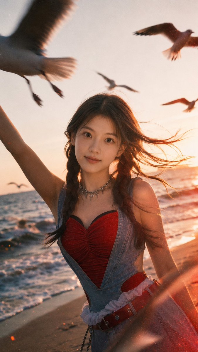 A woman poses by the ocean with windblown hair and seagulls