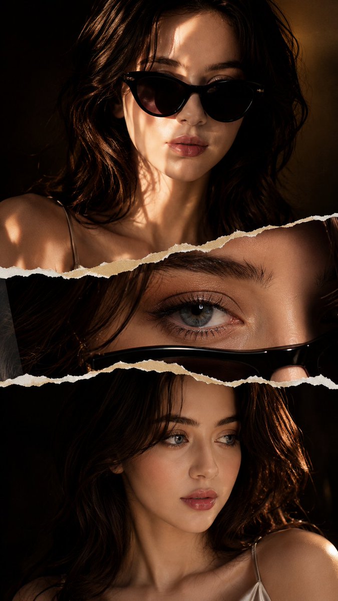 A woman in black sunglasses poses in a torn paper collage