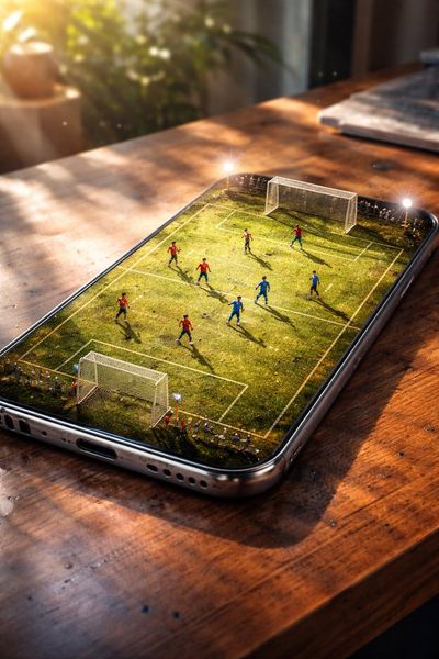 Smartphone transforms into a miniature football stadium on wooden table